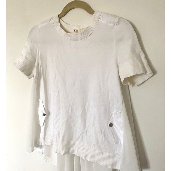 Anthropologie Moth Knit Chiffon Blend High Low Top Faux Pockets Pleated Back XS - Picture 4 of 7